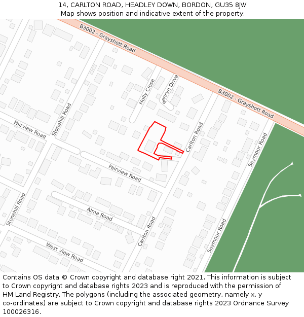 14, CARLTON ROAD, HEADLEY DOWN, BORDON, GU35 8JW: Location map and indicative extent of plot