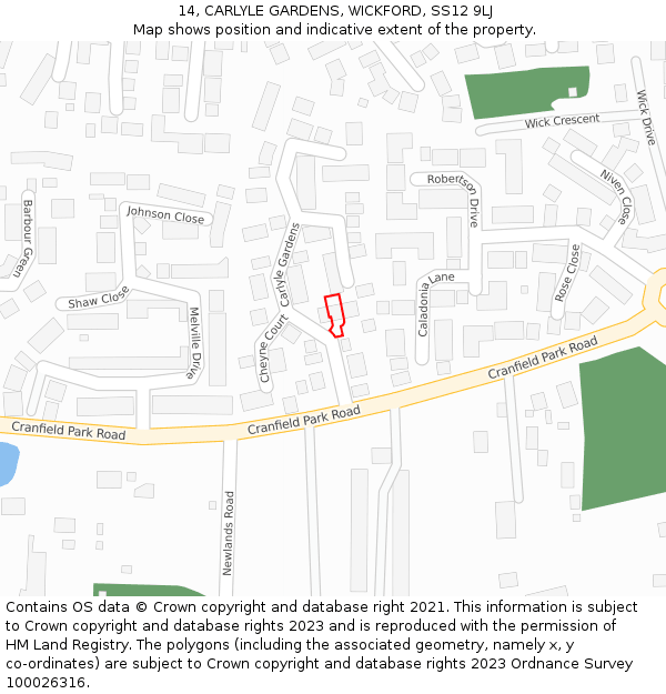 14, CARLYLE GARDENS, WICKFORD, SS12 9LJ: Location map and indicative extent of plot