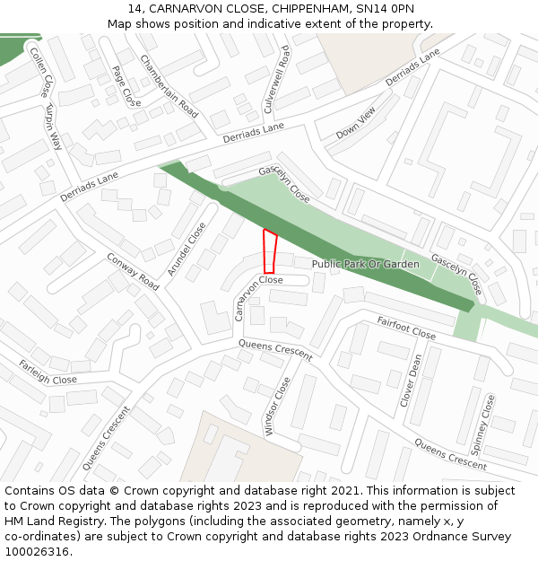 14, CARNARVON CLOSE, CHIPPENHAM, SN14 0PN: Location map and indicative extent of plot