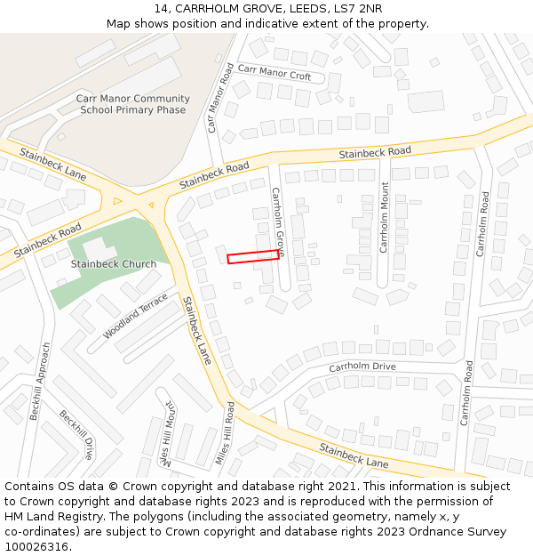 14, CARRHOLM GROVE, LEEDS, LS7 2NR: Location map and indicative extent of plot