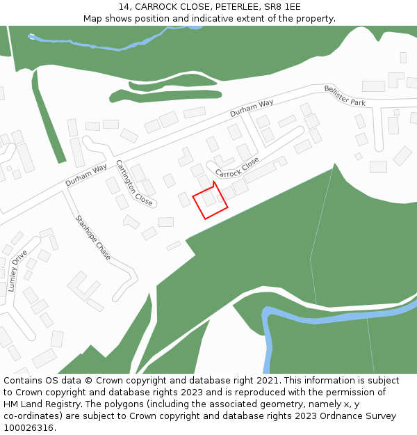 14, CARROCK CLOSE, PETERLEE, SR8 1EE: Location map and indicative extent of plot