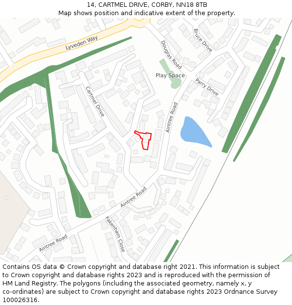 14, CARTMEL DRIVE, CORBY, NN18 8TB: Location map and indicative extent of plot