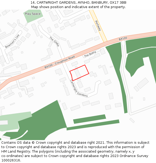 14, CARTWRIGHT GARDENS, AYNHO, BANBURY, OX17 3BB: Location map and indicative extent of plot