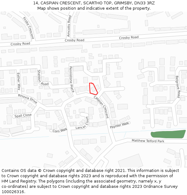 14, CASPIAN CRESCENT, SCARTHO TOP, GRIMSBY, DN33 3RZ: Location map and indicative extent of plot