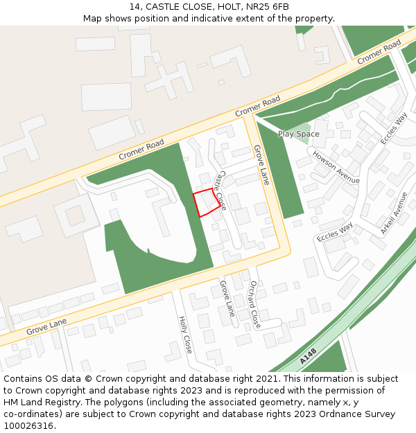 14, CASTLE CLOSE, HOLT, NR25 6FB: Location map and indicative extent of plot