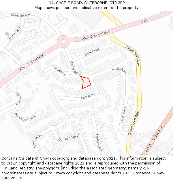 14, CASTLE ROAD, SHERBORNE, DT9 3RP: Location map and indicative extent of plot