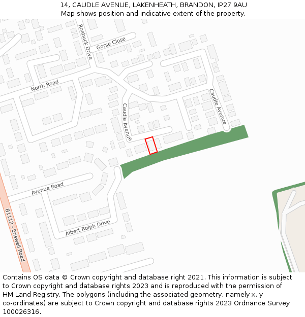 14, CAUDLE AVENUE, LAKENHEATH, BRANDON, IP27 9AU: Location map and indicative extent of plot