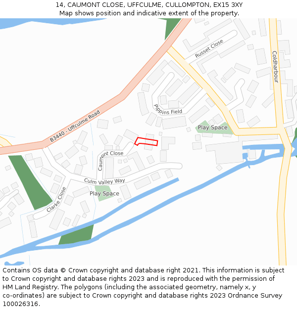 14, CAUMONT CLOSE, UFFCULME, CULLOMPTON, EX15 3XY: Location map and indicative extent of plot