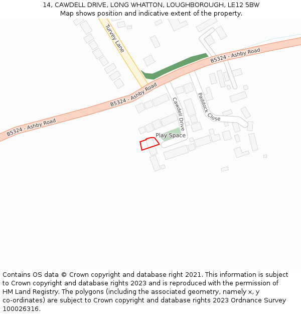 14, CAWDELL DRIVE, LONG WHATTON, LOUGHBOROUGH, LE12 5BW: Location map and indicative extent of plot