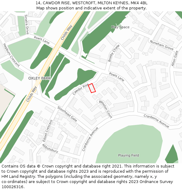 14, CAWDOR RISE, WESTCROFT, MILTON KEYNES, MK4 4BL: Location map and indicative extent of plot