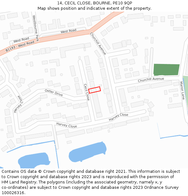 14, CECIL CLOSE, BOURNE, PE10 9QP: Location map and indicative extent of plot