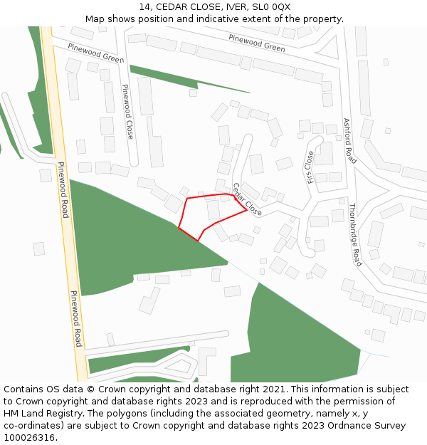 14, CEDAR CLOSE, IVER, SL0 0QX: Location map and indicative extent of plot