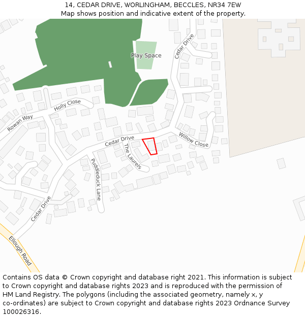 14, CEDAR DRIVE, WORLINGHAM, BECCLES, NR34 7EW: Location map and indicative extent of plot