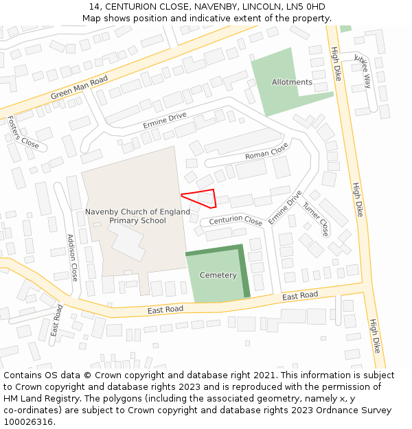 14, CENTURION CLOSE, NAVENBY, LINCOLN, LN5 0HD: Location map and indicative extent of plot