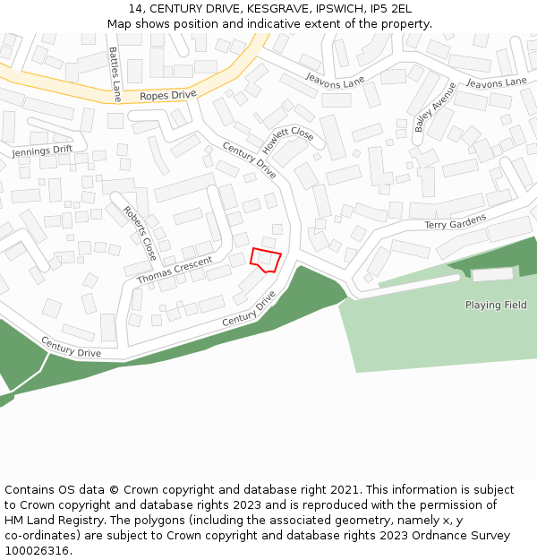 14, CENTURY DRIVE, KESGRAVE, IPSWICH, IP5 2EL: Location map and indicative extent of plot