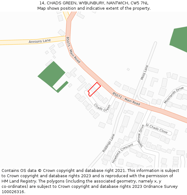 14, CHADS GREEN, WYBUNBURY, NANTWICH, CW5 7NL: Location map and indicative extent of plot