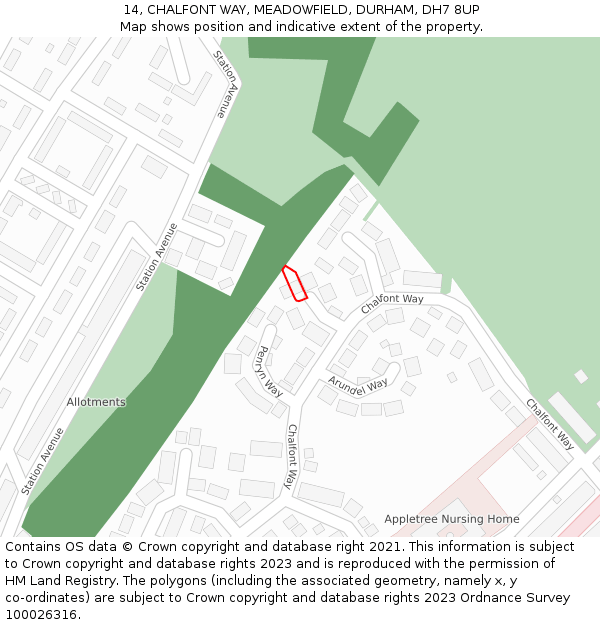 14, CHALFONT WAY, MEADOWFIELD, DURHAM, DH7 8UP: Location map and indicative extent of plot