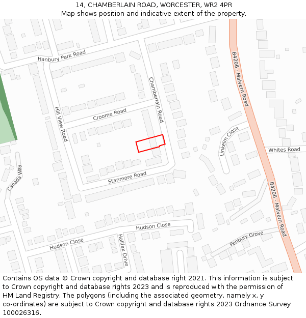 14, CHAMBERLAIN ROAD, WORCESTER, WR2 4PR: Location map and indicative extent of plot