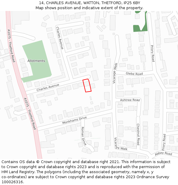 14, CHARLES AVENUE, WATTON, THETFORD, IP25 6BY: Location map and indicative extent of plot