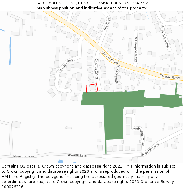 14, CHARLES CLOSE, HESKETH BANK, PRESTON, PR4 6SZ: Location map and indicative extent of plot