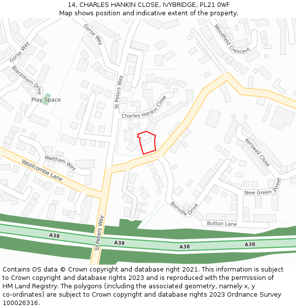 14, CHARLES HANKIN CLOSE, IVYBRIDGE, PL21 0WF: Location map and indicative extent of plot