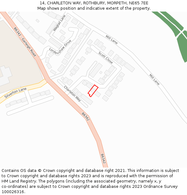 14, CHARLETON WAY, ROTHBURY, MORPETH, NE65 7EE: Location map and indicative extent of plot