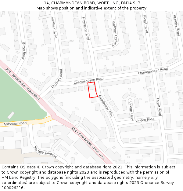 14, CHARMANDEAN ROAD, WORTHING, BN14 9LB: Location map and indicative extent of plot