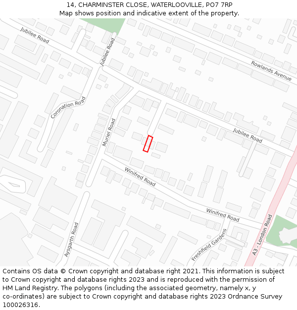 14, CHARMINSTER CLOSE, WATERLOOVILLE, PO7 7RP: Location map and indicative extent of plot