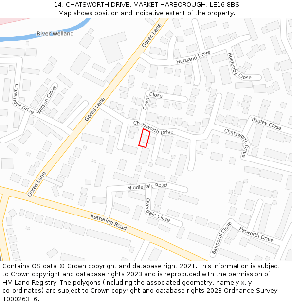 14, CHATSWORTH DRIVE, MARKET HARBOROUGH, LE16 8BS: Location map and indicative extent of plot