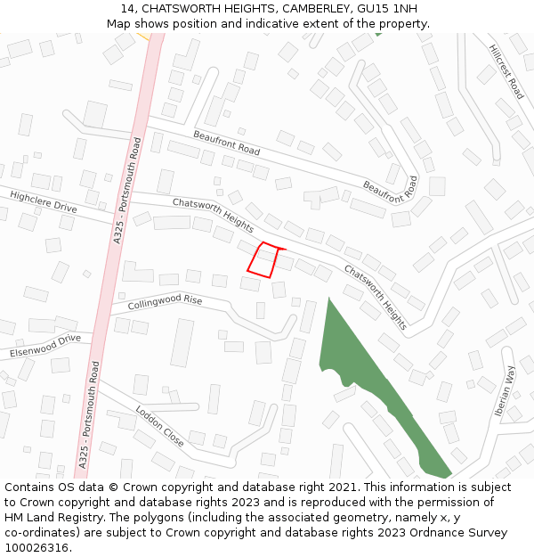 14, CHATSWORTH HEIGHTS, CAMBERLEY, GU15 1NH: Location map and indicative extent of plot