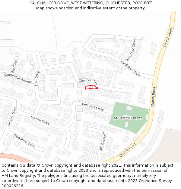 14, CHAUCER DRIVE, WEST WITTERING, CHICHESTER, PO20 8BZ: Location map and indicative extent of plot