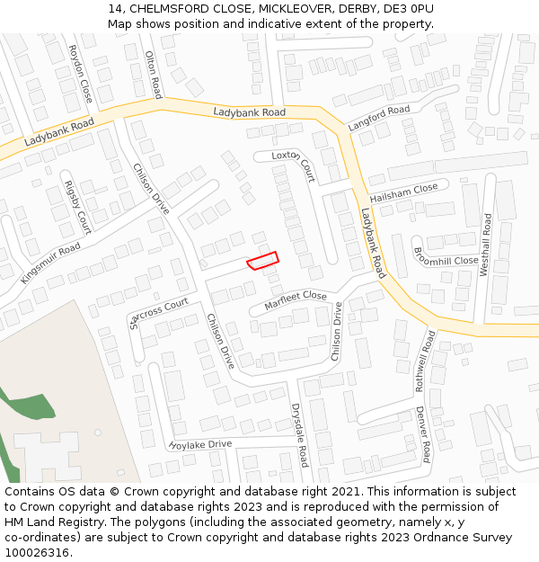 14, CHELMSFORD CLOSE, MICKLEOVER, DERBY, DE3 0PU: Location map and indicative extent of plot