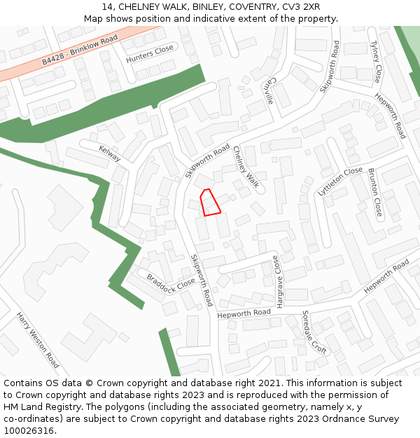 14, CHELNEY WALK, BINLEY, COVENTRY, CV3 2XR: Location map and indicative extent of plot