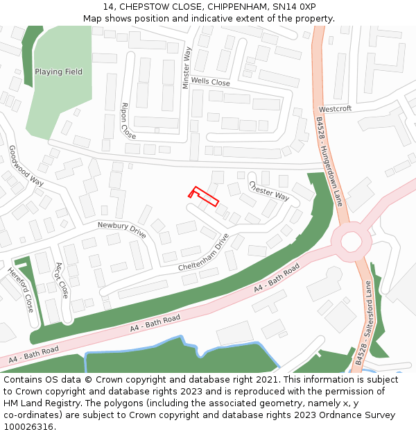14, CHEPSTOW CLOSE, CHIPPENHAM, SN14 0XP: Location map and indicative extent of plot