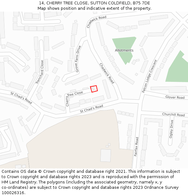 14, CHERRY TREE CLOSE, SUTTON COLDFIELD, B75 7DE: Location map and indicative extent of plot