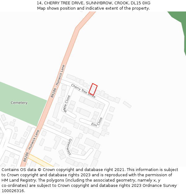 14, CHERRY TREE DRIVE, SUNNYBROW, CROOK, DL15 0XG: Location map and indicative extent of plot