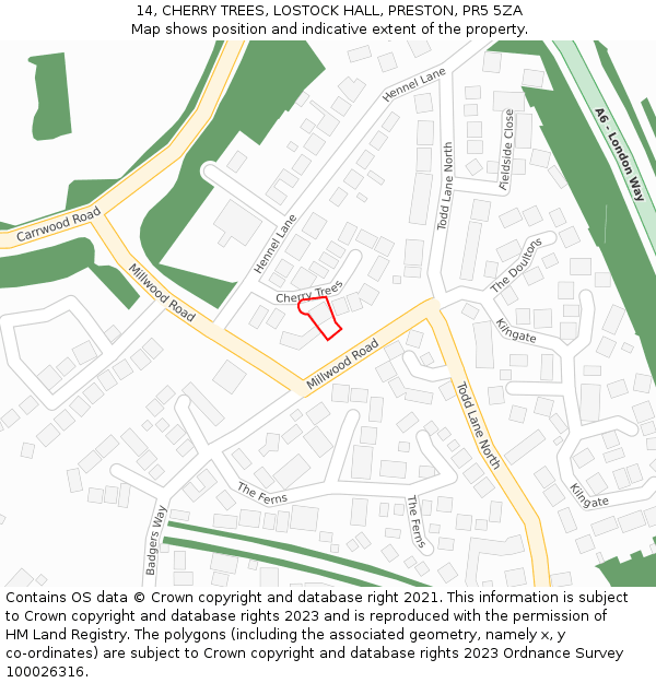 14, CHERRY TREES, LOSTOCK HALL, PRESTON, PR5 5ZA: Location map and indicative extent of plot