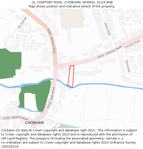 14, CHERTSEY ROAD, CHOBHAM, WOKING, GU24 8NB: Location map and indicative extent of plot