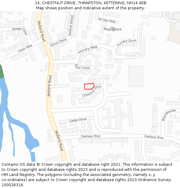 14, CHESTNUT DRIVE, THRAPSTON, KETTERING, NN14 4EB: Location map and indicative extent of plot
