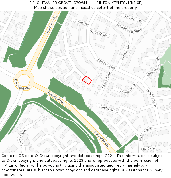 14, CHEVALIER GROVE, CROWNHILL, MILTON KEYNES, MK8 0EJ: Location map and indicative extent of plot