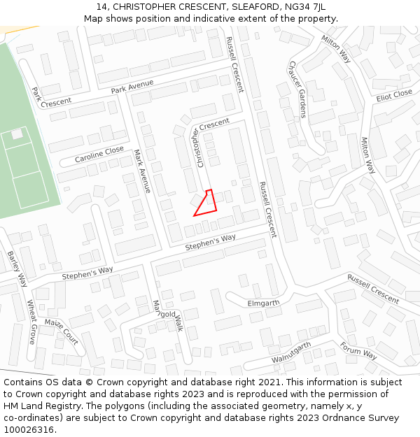 14, CHRISTOPHER CRESCENT, SLEAFORD, NG34 7JL: Location map and indicative extent of plot