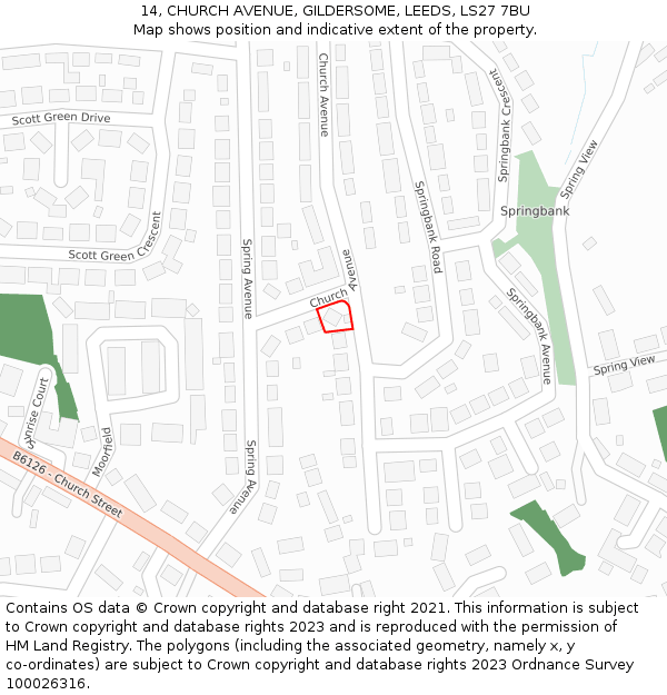 14, CHURCH AVENUE, GILDERSOME, LEEDS, LS27 7BU: Location map and indicative extent of plot