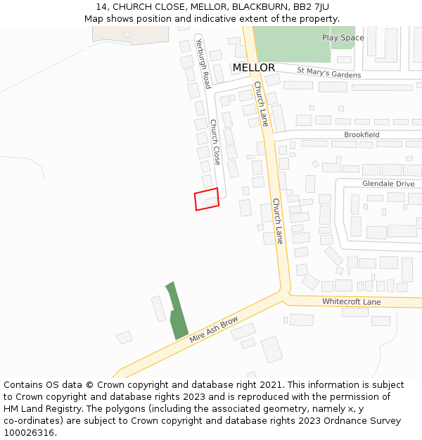 14, CHURCH CLOSE, MELLOR, BLACKBURN, BB2 7JU: Location map and indicative extent of plot