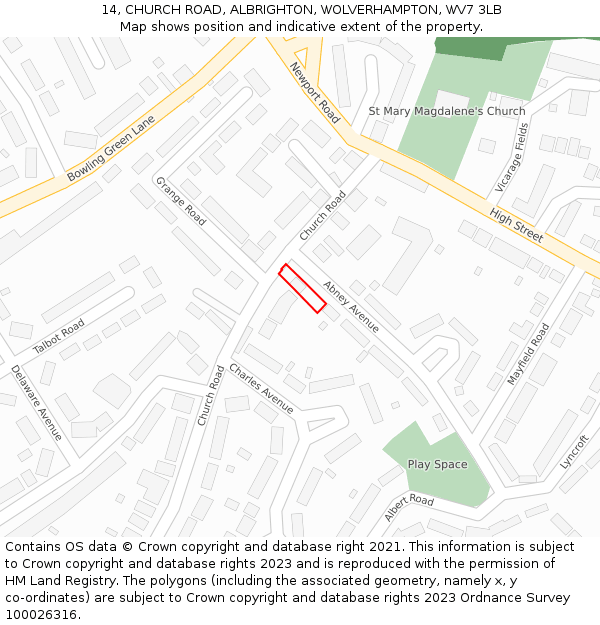 14, CHURCH ROAD, ALBRIGHTON, WOLVERHAMPTON, WV7 3LB: Location map and indicative extent of plot