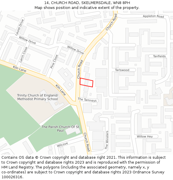 14, CHURCH ROAD, SKELMERSDALE, WN8 8PH: Location map and indicative extent of plot