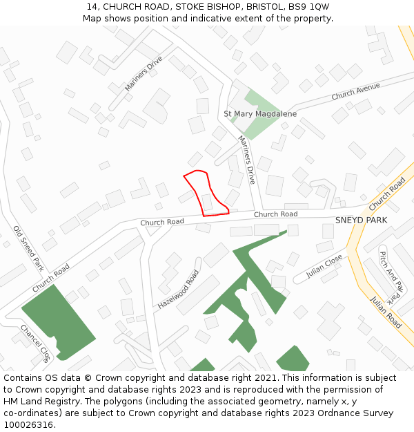 14, CHURCH ROAD, STOKE BISHOP, BRISTOL, BS9 1QW: Location map and indicative extent of plot