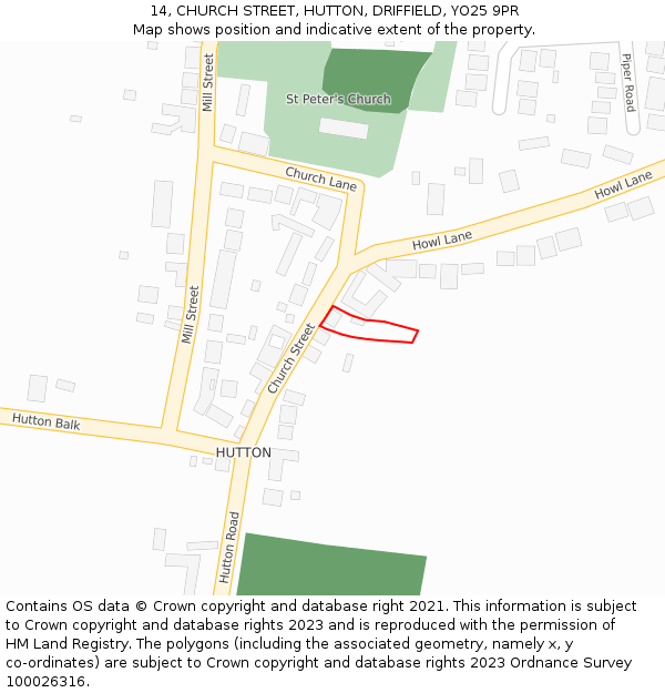 14, CHURCH STREET, HUTTON, DRIFFIELD, YO25 9PR: Location map and indicative extent of plot