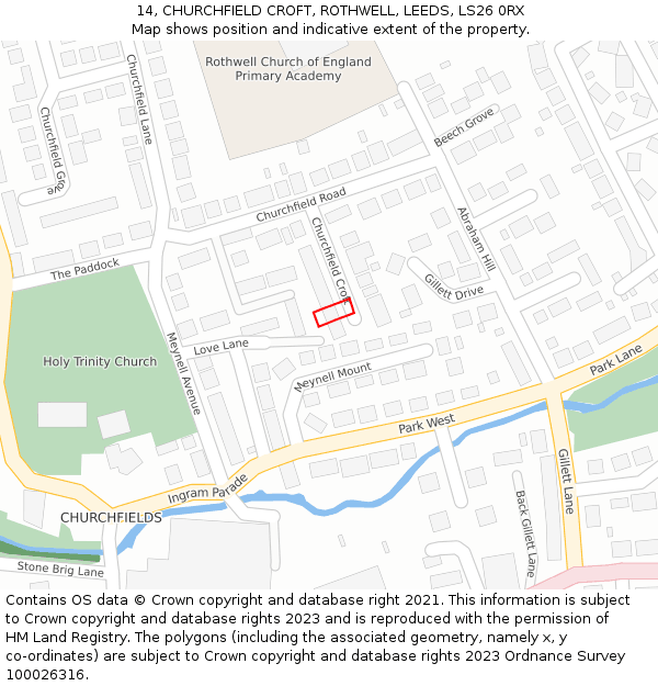 14, CHURCHFIELD CROFT, ROTHWELL, LEEDS, LS26 0RX: Location map and indicative extent of plot