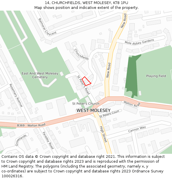 14, CHURCHFIELDS, WEST MOLESEY, KT8 1PU: Location map and indicative extent of plot