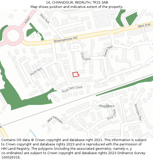 14, CHYANDOUR, REDRUTH, TR15 3AB: Location map and indicative extent of plot